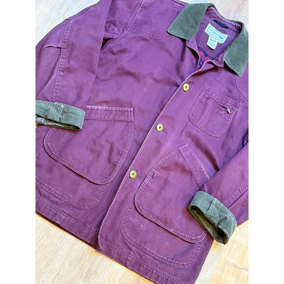 L.L. Bean Mens Burgundy Hunting Barn Coat Plaid Lining Button Front Corduroy Col - Picture 3 of 11